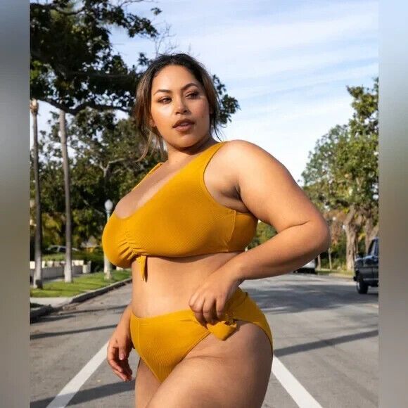 NWT Soncy Bikini Two Piece Swimsuit Tie Detail Ribbed Mustard Yellow Curvy Sz 12 - Picture 13 of 14